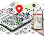 Auf einem Ausschnitt eines dreidimensionalen Stadtplans sind die Wege der alarmierten Ersthelfer zum Notfallort eingezeichnet.